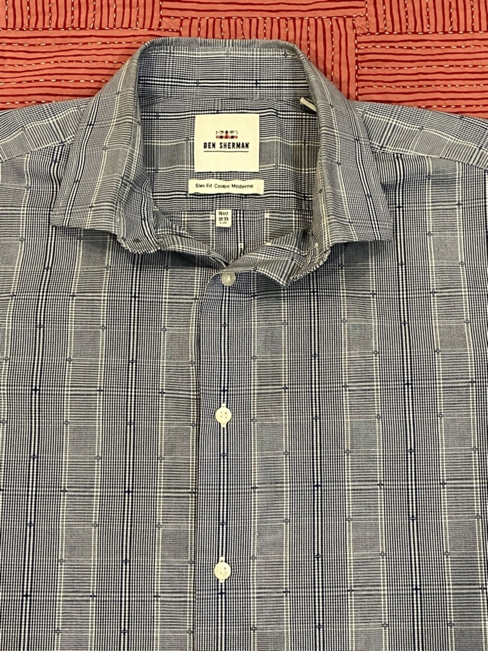 Ben Sherman Men’s blue and white Checkered long sleeve casual Dress Shirt